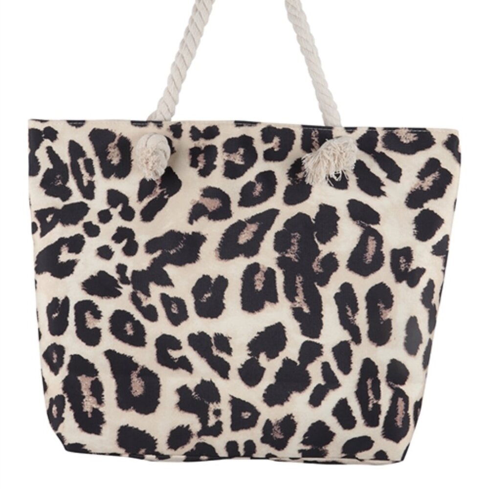 Leopard Large Print Canvas Tote Bag/ Rope Handles - Tan/Blk/Brn - Style 1 -NWT